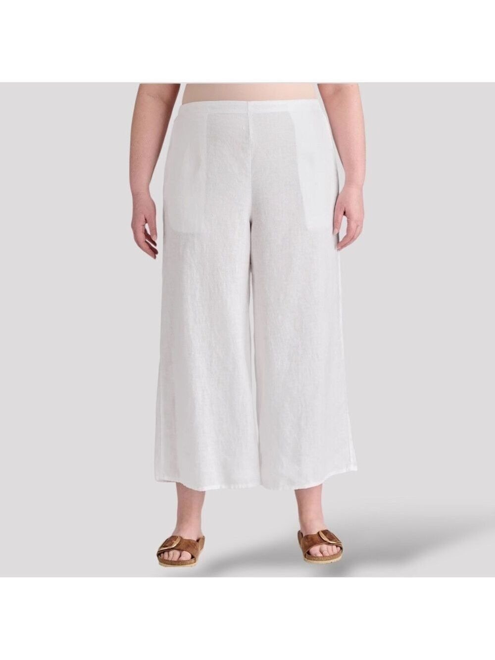 FLAX 100% Linen Sociable Flood Wide Leg Linen Pants w/ Side Pockets Pull On Sz L